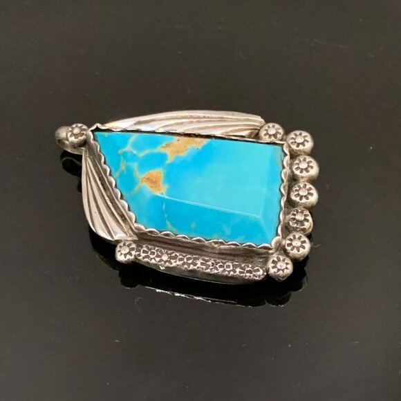 Native American Navajo Turquoise Sterling Silver Pendant Brooch Pin Signed R - Picture 4 of 15